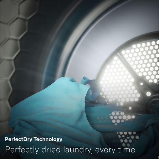 Miele T1 EcoSpeed TSD643 WP Wifi Connected 9Kg Heat Pump Tumble Dryer - White - Annotation - Perfect dry shot